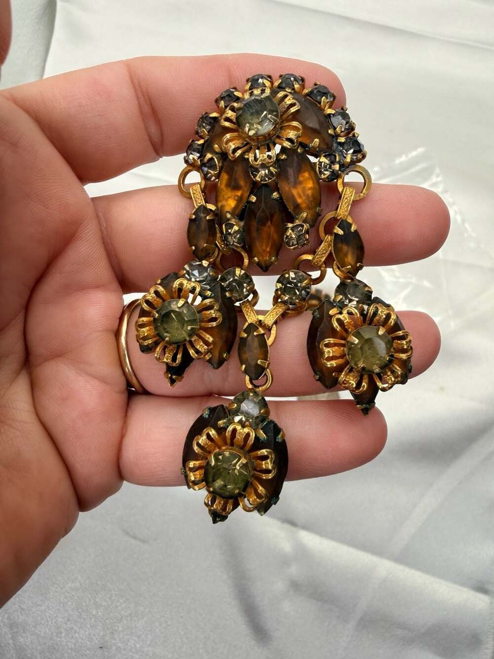 Vintage Pat Pend Amber Rhinestone set Clip Earrings and brooch